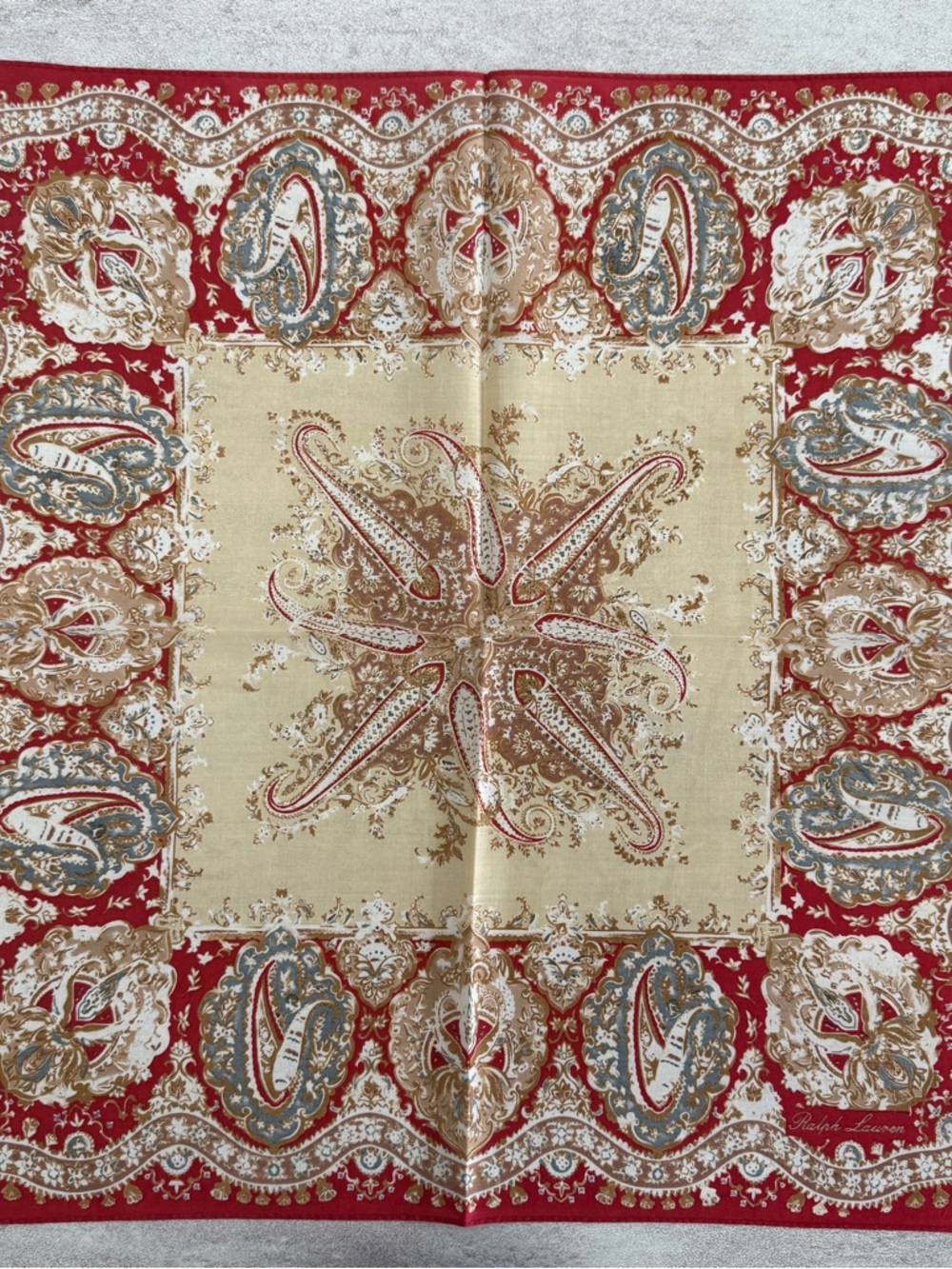 Ralph Lauren Red, Cream & Gold Paisley cotton vintage handkerchief